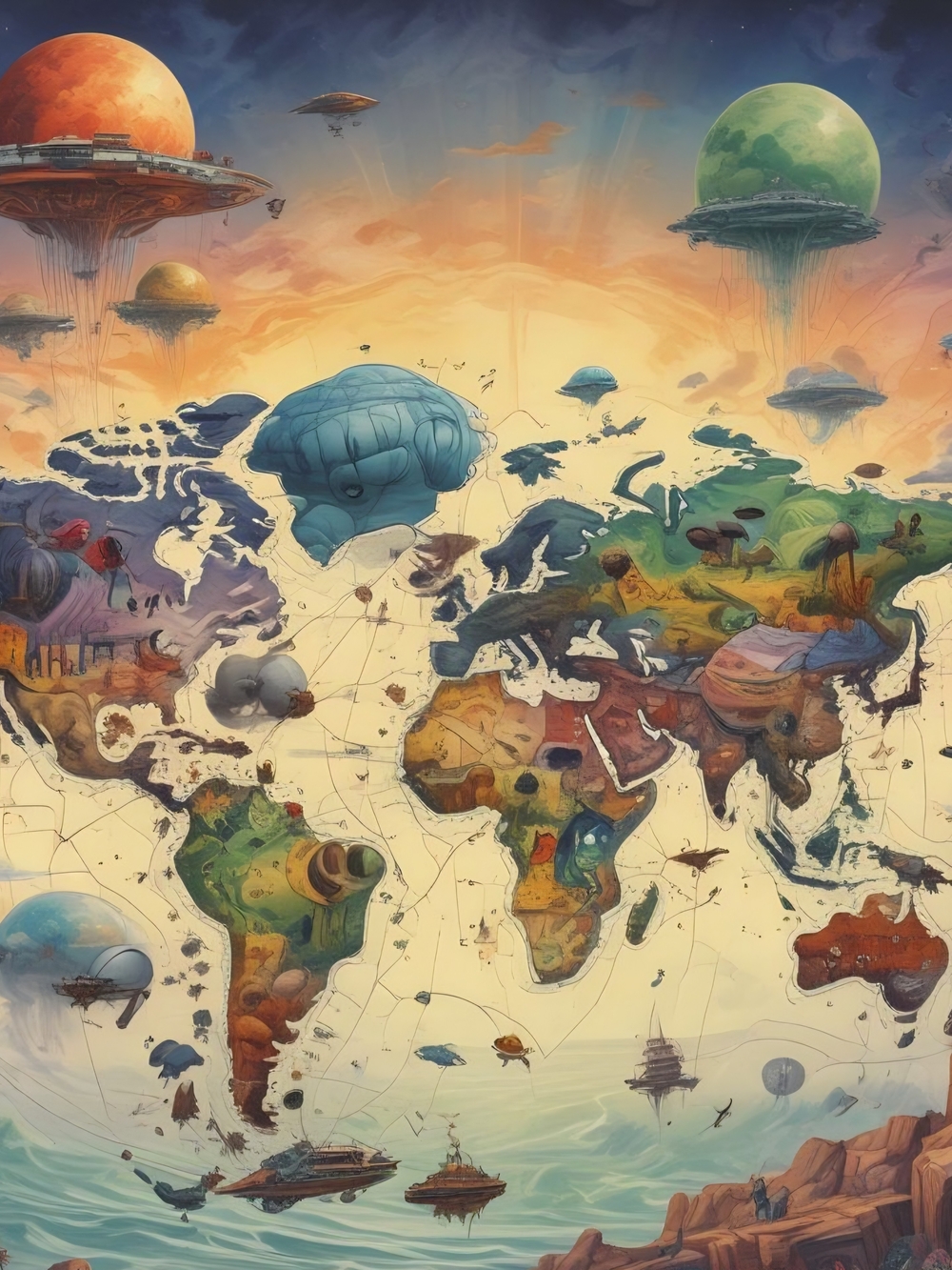 Surreal Fantasy World Map Art Print - Blue & Multicolor